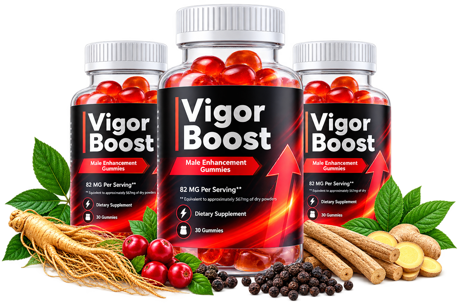 Vigor Boost Gummies bottles with natural ingredients